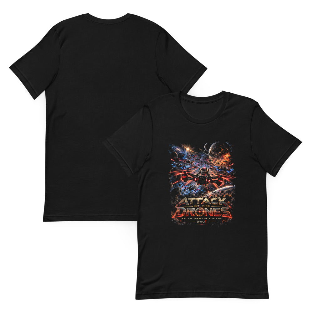 Attack of the Drones T-Shirt – Black – front and back